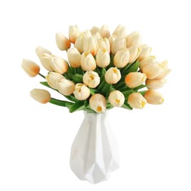CHUANGOUONLY Pack of 12 Fake Flower Tulips, Fake Tulip Flowers Bouquets, for Wedding Room, Home, Hotel, Party Decoration and DIY Decoration (Champagne Colour)