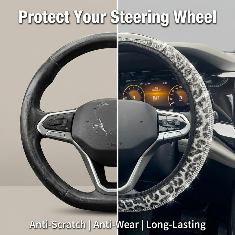 JDDRY PVC Leather Steering Wheel Cover, Leopard Steering Wheel Protector,