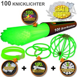 NEON FUN 100 Arm Glow Sticks Green Tested Quality Test Rating 1.4 Very Good 8h 100 Highly Elastic Connectors 2 Triple Connectors 2 Circle Connectors Quantity: 1 Roll