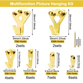 64PCS Picture Hooks - Heavy Duty Picture Hanging Kit for Picture Frame Fixing, Assorted Picture Frame Hangers with Nails Picture Hanging Hooks for Hard Walls