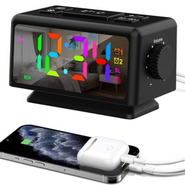 ThreeH Digitaler Wecker FM Radio Bunte Wecker Nachttisch Digitaluhr für Kinder Jugendliche Helligkeit und Lautstärke einstellbar 2 USB Ladeanschlüsse Schwarz