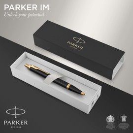 PARKER IM Ballpoint Pen, Black Lacquer with Gold Trim, Medium Tip, Blue, Gift Box, Pack of 1