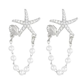 Starfish Earrings for Women Bohemian Style Pearl Tassels Link Chain Earrings Sparkling Crystal Starfish Shell Stud Earring Boho Summer Beach Wedding Jewelry, Large, faux pearl Crystal Metal, No