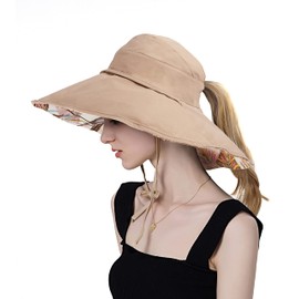 Koreshion - Sombrero de pesca reversible para mujer, con lazo plegable, para verano, UPF 50+, gorra de playa de ala ancha, Caqui, One Size