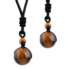 mookaitedecor Yellow Tigers Eye Crystal Necklace Round Stone Bead Necklace for Women Men, Set of 2 Healing Crystal Bead Necklace Brown Bead Necklace Jewellery Gift Semi Precious Stone Pendant Necklace