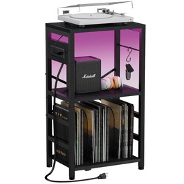 YAKANJ End Table with LED Light,Record Player Stand with Charging Station,Vinyl Records Storage,Turntable Stand Albums Storage for Music Room Studio-Industry Black