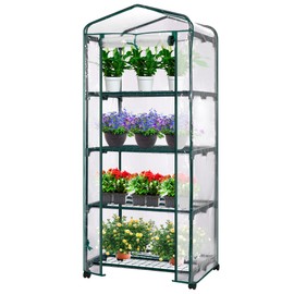 VIVOSUN Mini 4-Tier Greenhouse with Wheels, 27 x 19 x 63-Inch Reusable Portable Warm House with Clear PVC Cover and Shelf for Compact Garden and Small Backyards, with Wheels