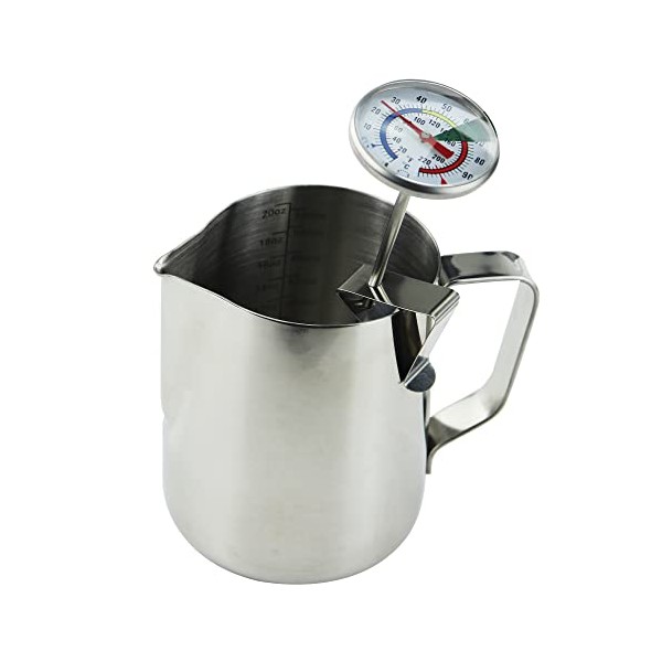 Milk Thermometer and 600ml Milk Frother Jug for Perfect Barista Style Coffee Making Great for Frothy Latte Cappuccino