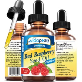 MYVIDAPURE RED RASPBERRY SEED OIL Rubus idaeus WILD GROWTH RAW 100% Pure VIRGIN UNREFINED Undiluted 1 Fl.oz.- 30 ml. For Skin, Face, Hair, Lip and Nail Care.