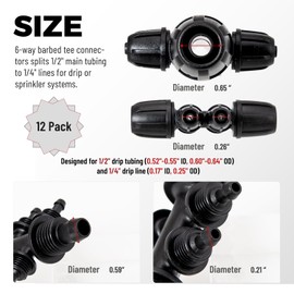 12 Pcs Drip Irrigation Fittings, 6-Way Lock Barbed Tee Connectors for 1/2" to 1/4" Tubing, Anti-Leak Drip Line Parts for Garden Irrigation System