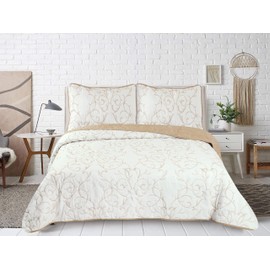 Marina Decoration Embroidered Stitching Coverlet Bedspread Ultra Soft Solid 3 Piece Summer Quilt Set with 2 Quilted Shams, Gold Branch Color California King Size