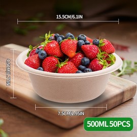 BOKFJBP Pack of 50 Brown Disposable Bowls Sugar Cane, 500 ml Soup Bowls Disposable Bowls Made of Sugar Cane, Disposable Bowls for Disposable Soup Bowls
