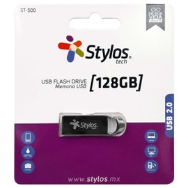 Stylos Memoria USB 128GB (STMUS5128B) ST500 versión USB 2.0. La Interfaz del Dispositivo es USB Tipo A Conveniente y confiable diseño Sin Tapa Velocidad de Lectura de 80 MB/s.