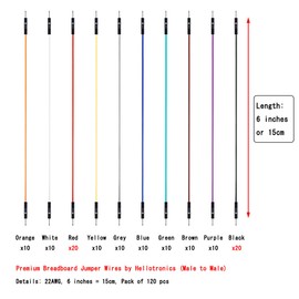 Hellotronics Breadboard Jumper Wires 22AWG Male to Male 120-Pack More Red and Black Jumpers 6'' Length Square Head 0.1'' 10 Colors for Raspberry Pi (15CM, M/M)