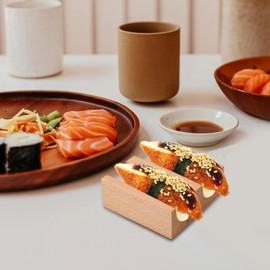 SEWACC Wood Sushi Roll Holder, U Shaped Sushi Stand, Wooden Taco Serving Tray, Light Brown, 4.52 x 3.93 x 1.57 Inch (2-Grid)
