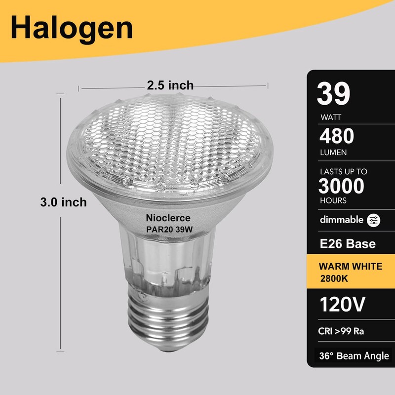Nioclerce PAR20 Flood 39W 120V 480 Lumens- 2 Pack PAR20