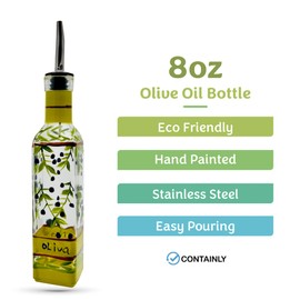Containly Hand Painted Glass Oliva Branch Oil/Vinegar Glass Cruet for Kitchen, 8 oz Olive Oil Dispenser With Stainless Steel Spout for Easy Pouring