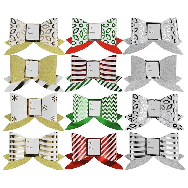 Set of 12 AssortedHoliday Label Gift Bows with Foil Glitter - Perfect for Preparing Elegant Gifts This Holiday Season!