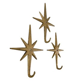 Antique Gold Cast Iron Atomic Starburst Wall Hooks Set of 3 – Mid-Century Modern Decor for Stylish Organization and Chic Storage