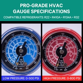 Hong Sen HM2-SM-02-A Mini HVAC Manifold Gauge Set with 5FT Black Hoses, Brass Valve, Metal Knob, Explosion-Proof Lens, and Repair Kit, for R410A, R32, R22, and R134a AC Charging Systems