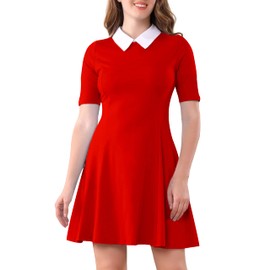 Aphratti Women's Short Sleeve Peter Pan Collar Cute Skater Dress Fit and Flare A-Line Casual Dresses Red Large