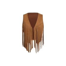 Verdusa Women's Fringe Vest Crop Jacket 70s Hippie Faux Suede Tassel Cardigan Brown S