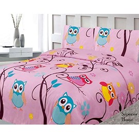 Sapphire Home Four (4) Piece Full Size Owl Branch Theme Print Sheet Set with Fitted, Flat and 2 Pillow Cases, Pink Yellow Turquoise Girls Kids Bedding Sheet Set
