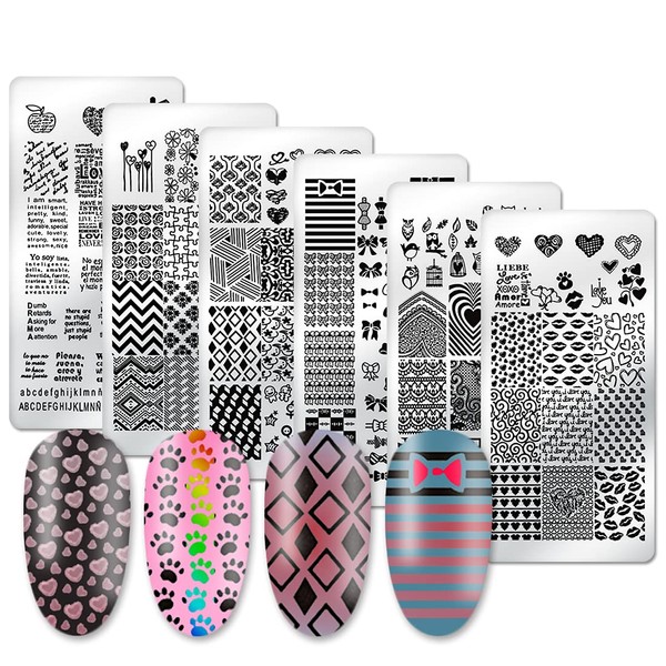 Nail Stamping Plate, DANNEASY 6Pcs Nail Stamp Set Letter Heart 1Pc Nail Stamper And Scraper + Storage Bag Nail Templates Manicure DIY Accessories