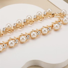 la luen Pearl Bride Wedding Jewelry Set Faux Pearls Crystal Rhinestone Necklace Dangle Earrings Adjustable Bracelet Adjustable Rings Pearls Ear Stud Sets For Women Bridesmaid Wedding Parties Dates Everyday Wear (Golden)