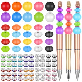 Tidponra 180 Pieces Beads for Pens, 60 Pieces Silicone Lentil Beads, 60 Pieces Silicone Round Beads and 60 Pieces Rhinestone Spacer Beads for Beadable Pens, Keychain Making and Jewelry Making