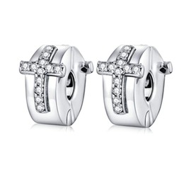 MEETCCY 2pc Clip Spacer Charm Bracelets for Women 925 Sterling Silver Blue White Crystal Charm Clip Lock Spacer Stopper Charm Bead for Bracelet(Cross 2pc)