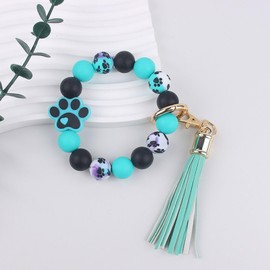 Jesemiah Paw Beaded Keychain Bracelet with Tassel Silicone Bangle Wristlet Key Holder Wrist Key Chains for Car Keys for Women (Turquoise)