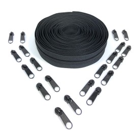 Nuburi - Zipper by The Yard - 5 Yards of Make Your Own Zipper - 20 Zipper Pulls (Black)