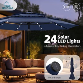 MFSTUDIO 10ft 3 Tier Solar Patio Umbrella, Outdoor Market Umbrellas with 24 LED Lights, Auto-tilt, Sun Shade for for Backyard Deck Garden, Navy Blue