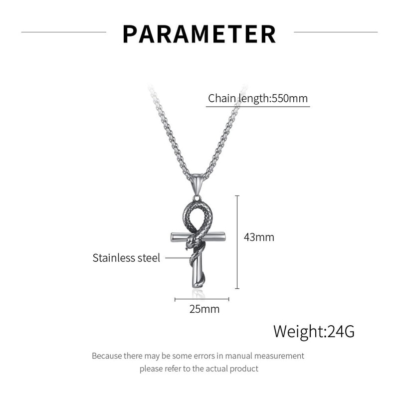 Rockyu Men's Stainless Steel Snake Motif Cross Necklace Silver Chain