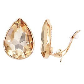 Rosemarie & Jubalee Women's Large Statement Sparkling Glass Crystal Teardrop Clip On Earrings, 1.13" (Topaz Yellow Gold Tone)