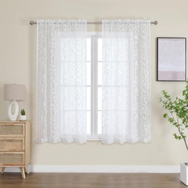 OWENIE Furman - Cortinas transparentes blancas de 54 pulgadas de largo, juego de 2 paneles para sala de estar, recámara, cortinas cortas con clip jacquard aireado para ventana pequeña, cortina moderna