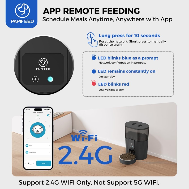 PAPIFEED Automatic Cat Feeder 3.5L/15 Cup 2.4G WiFi Pet Feeder