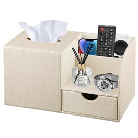Nightstand Organizer with Tissue Holder,PU Leather Square Tissue Box Cover,Modern Facial Paper Organizer Storage Box for Remote Control,Bathroom,Vanity Countertop,End Table Home Office.Beige