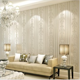 Q QIHANG Modern Simple European Striped 3D Embossed Damask Non-Woven Wallpaper Bedroom Living Room TV Background Wall 20.87" Wx393.7 L Non-Pasted (Cream)