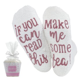 Zkxiyuan Funny Tea Socks with Cupcake Gift Packaging with If You Can Read This Make Me Some Tea Socks Novelty Gifts for Women,Wife,Daughter,Girlfriend,Tea Lover (White)