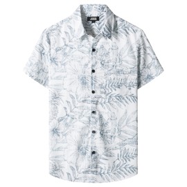 JOGAL Mens Floral Hawaiian Shirt Front Pocket Casual Aloha Shirts White Small