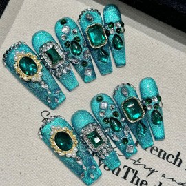 10Pcs Handmade Press On Nails Teal Glitter – Long Coffin Fake Nails with Emerald Rhinestones – Luxury Glue on Nails for Women – Acrylic Press Ons for Party, Holiday, Night Out