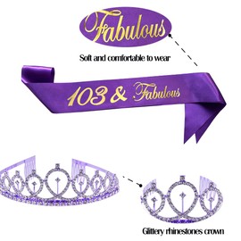 ALRBE TIN Birthday Crowns for Women 103 & Fabulous Sash and Tiara Birthday Crown for Women Girls Birthday Party Favors Decorations Purple