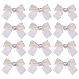 CHGCRAFT 12 Pcs Satin Ribbon Bows with Heart Rhinestones Beige Satin Bowknot for Cloth Hair Decoration Wedding Party Craft Supply Ornament Accessories