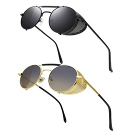 RONSOU Steampunk Style Round Vintage Sunglasses Retro Eyewear UV400 Protection Matel Frame Grey & Brown Gradient Lens