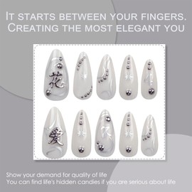 24pcs Medium Almond Press On Nails – White Acrylic Stick On False Nails with Silver Star & Rhinestone – 12 Sizes with Application Tools Art for Women & Girls