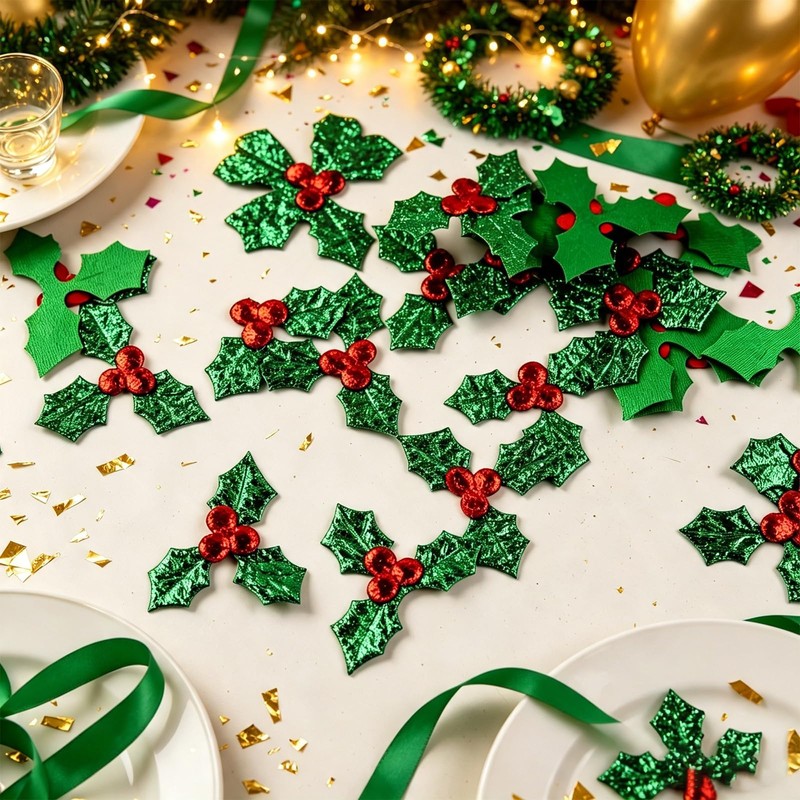 Christmas Holly Decorations, 3cm Green Holly Leaf, Red Berry