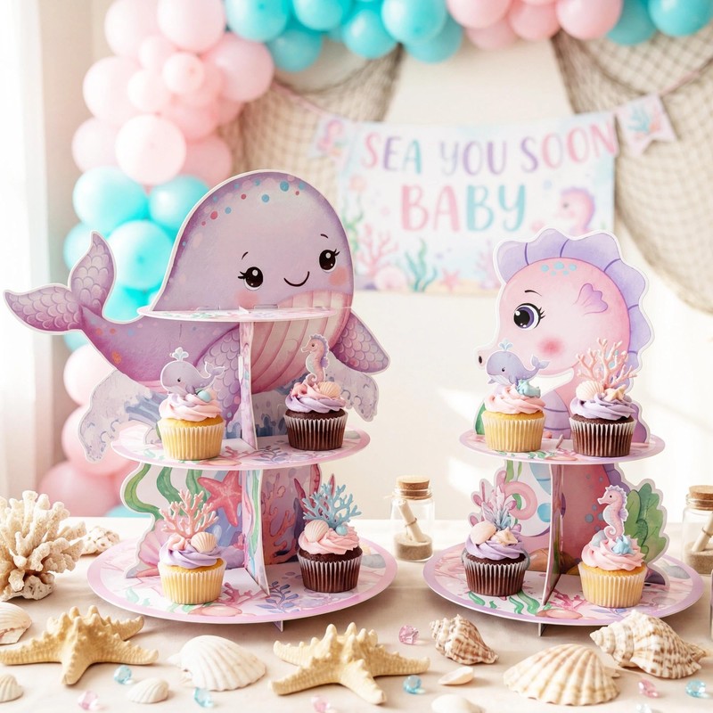 GRULLIN Pink Under the Sea Cupcake Stands, Ocean Baby Shower