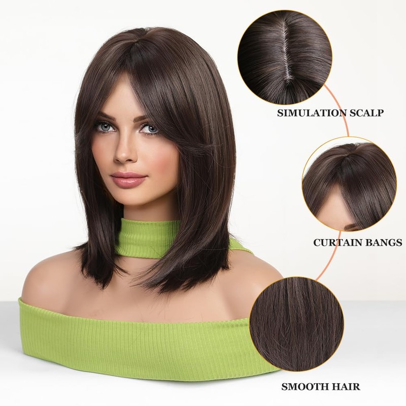 Esmee Short Straight Dark Brown Bob Wigs with Curtain Fringe